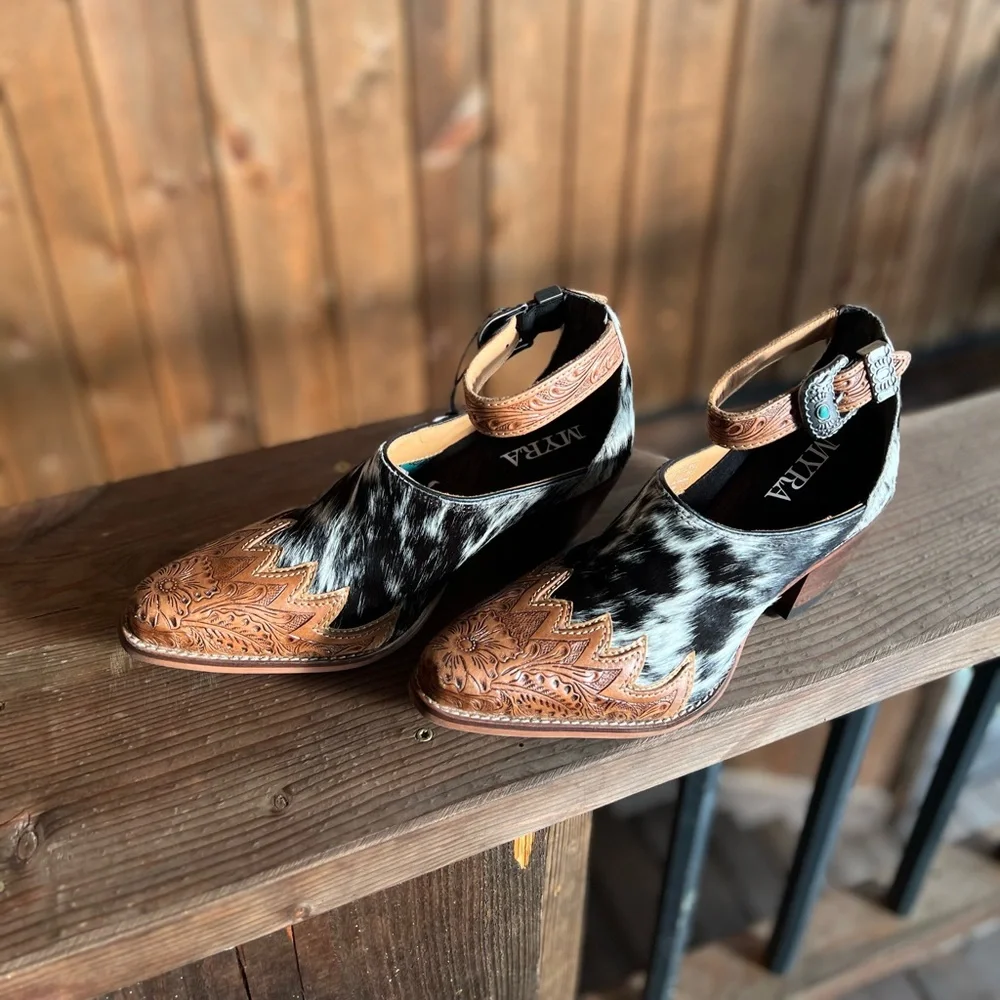 New Hand-Tooled Leather  strap Genuine Hide-On Women Bootie Boot Boho Western - Picture 7 of 11